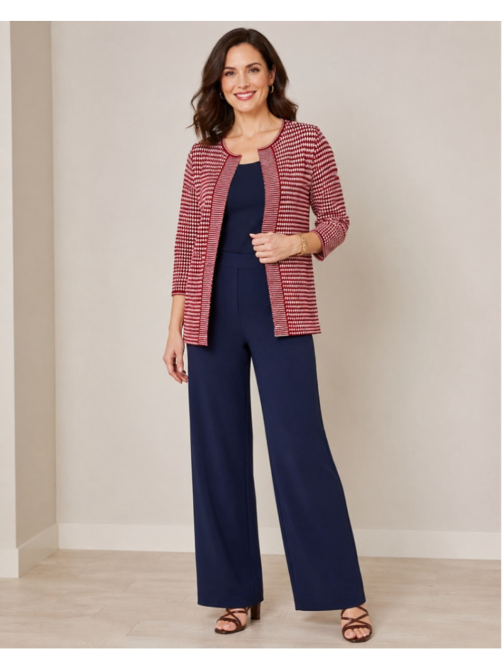 Talbots Petites Merino Wool Red White Open Cardigan Large Petite